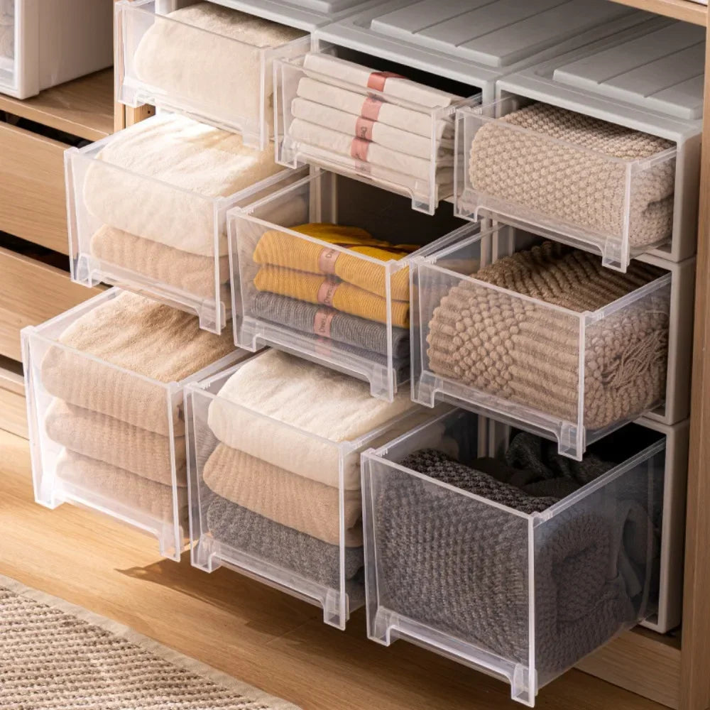Wardrobe Storage Box High-capacity Drawer Style Stackable Container Transparent Plastic Containers for Household Use Storage