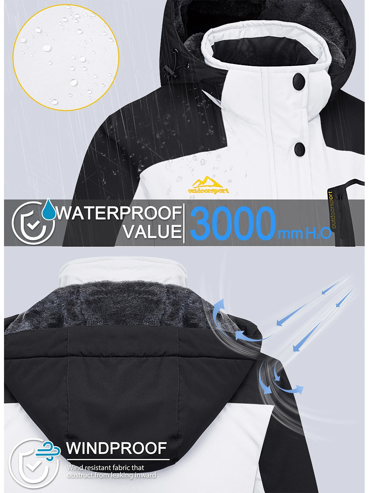 Womens Ski Jacket Waterproof Insulated Snow Jacket Warm Windproof Winter Coats with Hood Fleece Lined Jacket