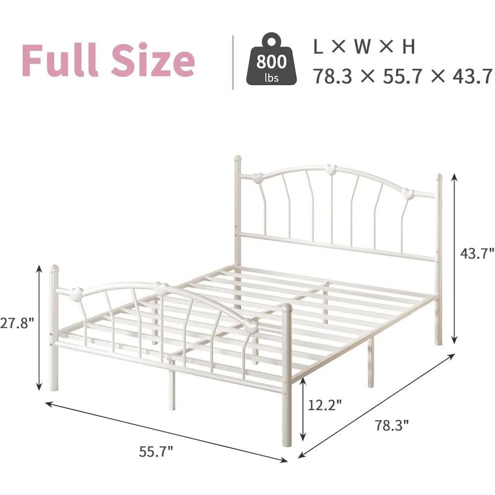 Metal Bed Frame, Bed Frame with Headboard, Heart-Shaped Decorative Headboard and Footboard, Heavy Duty Metal Slat Support