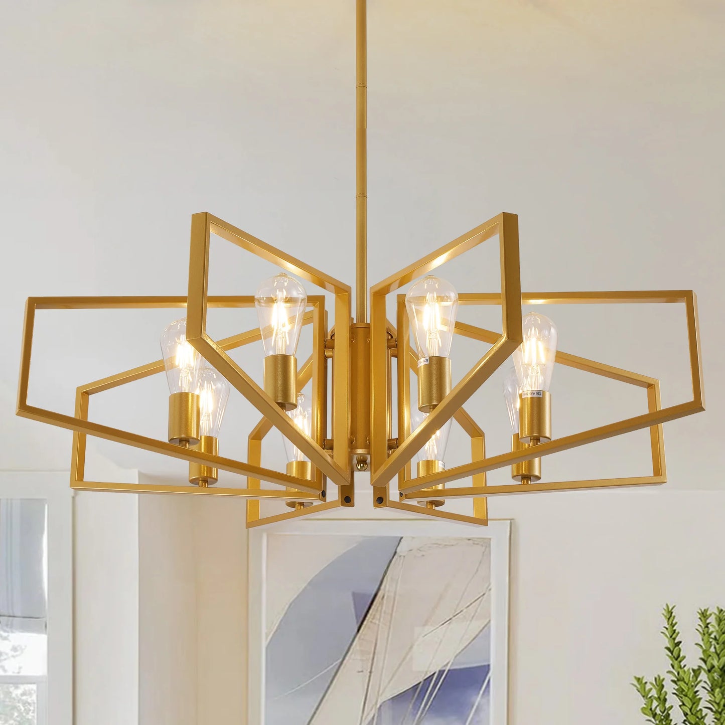 Modern 8-Light Geometric Chandelier Adjustable Height Metal Pendant Light with Black Frame & Golden Accents Ceiling Light Decor