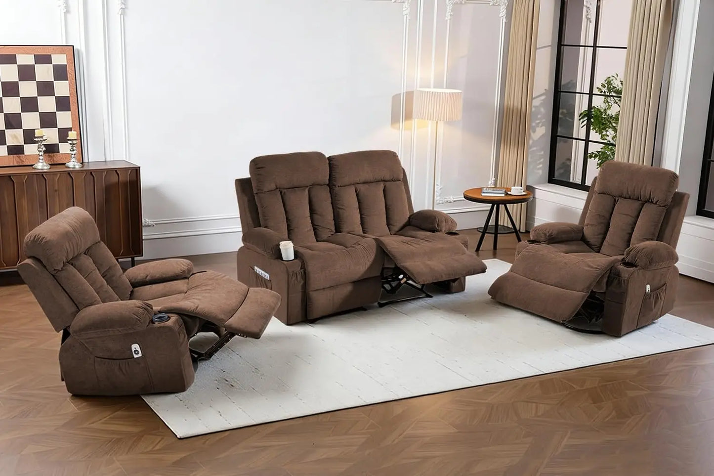 3 Piece Manual Recliner Sofa Set with Cup Holders Home Theater Office Grey Fabric Loveseat+Chair+Chair, Customized