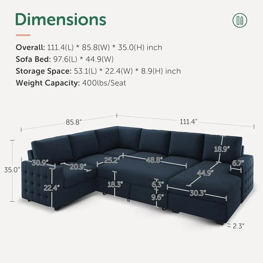 Sectional Sleeper Sofa with Pull Out Bed U-Shape Sectional Couch Sleeper Bed with Storage Chaise Lounge Living Room 6 Seater