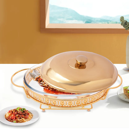 Gold Oval Table Standing Chafing Dish Set, 2L/2.11qt Stainless Steel & Glass Buffet Food Warmer for Catering, Parties & Home Use