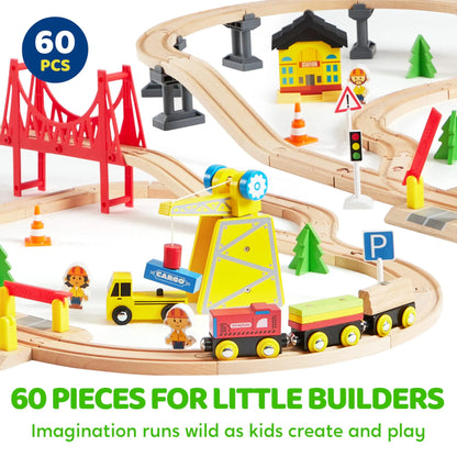 Joyfy 60 Pcs Kids Train Toys Wooden Tracks & 6 Magnetic Trains Expandable Train Set for Toddlers Birthday Christmas Gifts