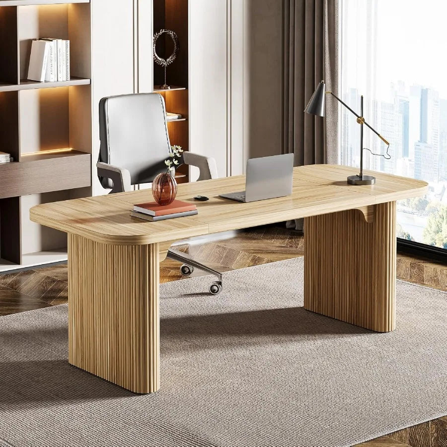62-Inch Modern Executive Desk with Natural Oak Finish Large Aesthetic Wood Office Desk Featuring Double Pedestal Storage Ideal