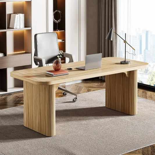 62-Inch Modern Executive Desk with Natural Oak Finish Large Aesthetic Wood Office Desk Featuring Double Pedestal Storage Ideal