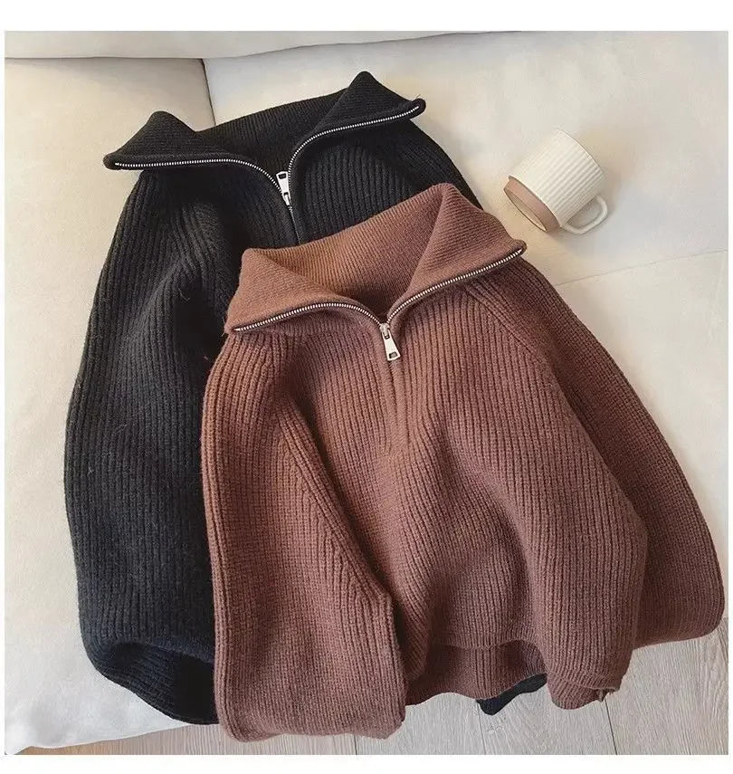 Half Zip Collar Sweater Women Pullovers Soft Knitted Long Sleeve Short Jumper Fall Winter Teen-girl Korean Fashion Outfit