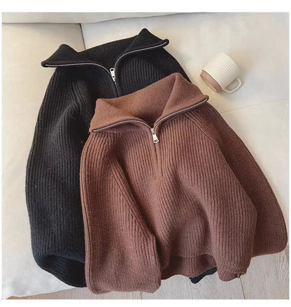 Half Zip Collar Sweater Women Pullovers Soft Knitted Long Sleeve Short Jumper Fall Winter Teen-girl Korean Fashion Outfit