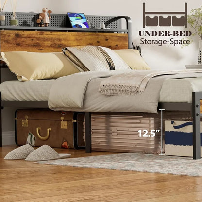 Bed Frame with Charging Station and LED Lights,Industrial Platform Beds Queen Size with Storage Headboard,USB Port,Rustic Wood