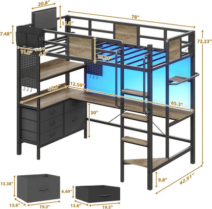 Twin Loft Bed with Desk and 5 Storage Drawers,Loft Bed Twin Size with LED Lights and Charging Station, Metal Bunk Bed Frame with