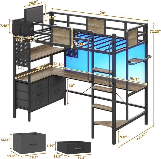 Twin Loft Bed with Desk and 5 Storage Drawers,Loft Bed Twin Size with LED Lights and Charging Station, Metal Bunk Bed Frame with