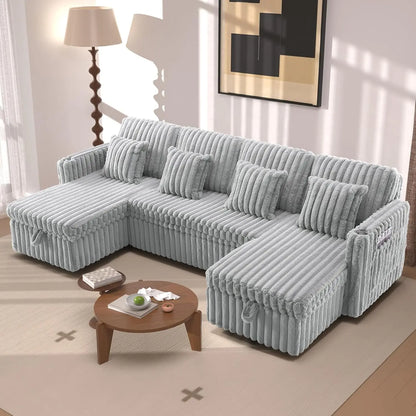 107" Sectional Sleeper Sofa with Pull Out Bed, Comfy Fluffy Plush Corduroy Cloud Sectional Couches for Living Room, Customized