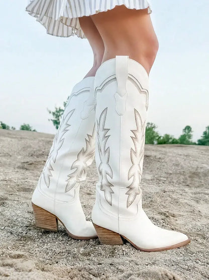 Embroidered Women's Western Knee High Boots Cowboy Retro Chunky Block Heeled Side Zip Vintage Cowgirl Boots For Women Shoes