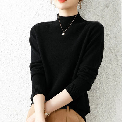 New Half Turtleneck Basic Women Sweater Fashion Pullover Long Sleeve Knitted Loose Top Jumper Casual Solid Simple Autumn Clothes