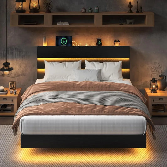 LED Twin Size Bed Frame W/Charging Station, Wood Storage Headboard, Heavy Duty Metal Slats, No Box Spring Needed, Easy Assembly