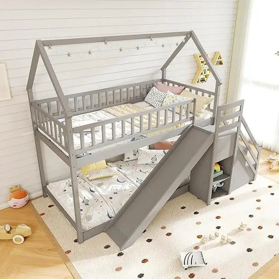 Bunk Bed Twin Over Twin with Slide & Stairs, Wood Bunk Bed with Storage Shelves, No Box Spring Needed, Twin Floor