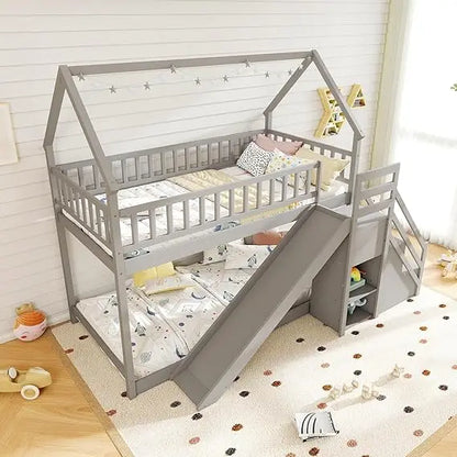 Bunk Bed Twin Over Twin with Slide & Stairs, Wood Bunk Bed with Storage Shelves, No Box Spring Needed, Twin Floor