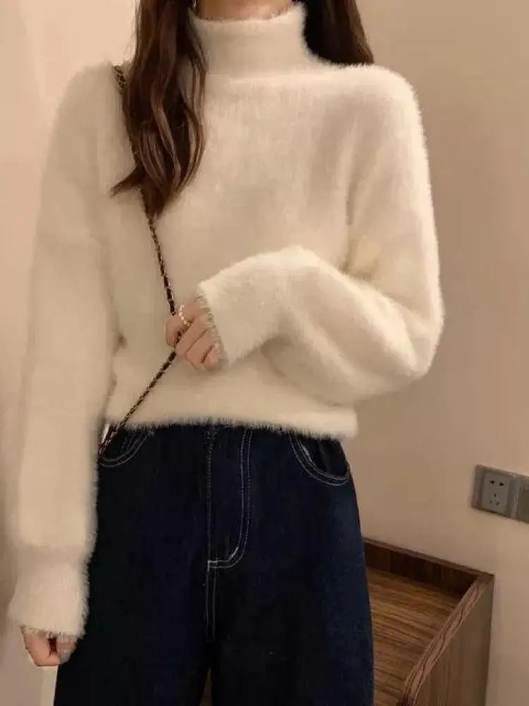 2025 Winter Imitate Mink Wool Hot Fleecing Female Turtleneck Elastic Casual Sweater Women Knitted Tops Pullovers Soft  Warm