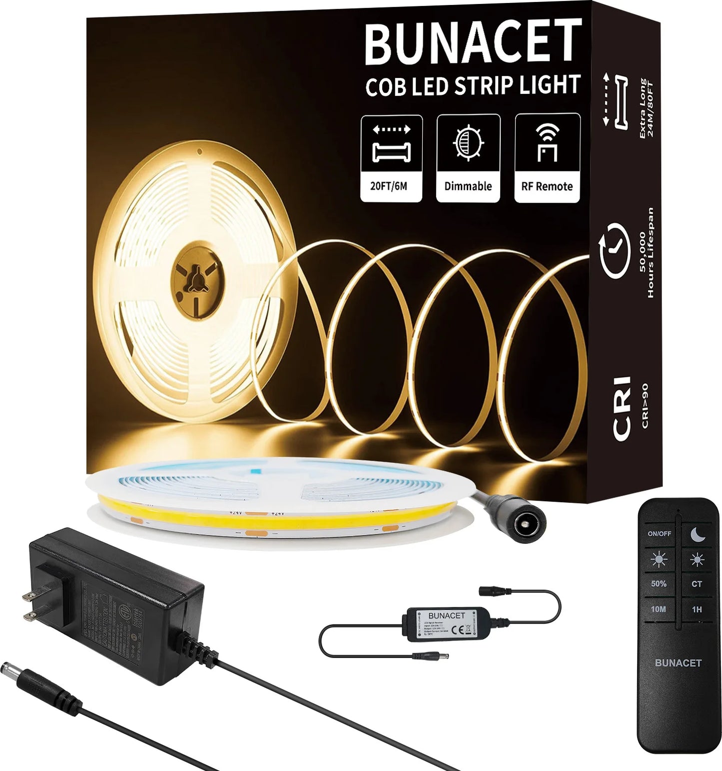 COB LED Strip Light 6m 324led/m Warm/Natural/Cold White High CRI 90+ with RF Remote Light Strip Flexible for Bedroom Kitchen