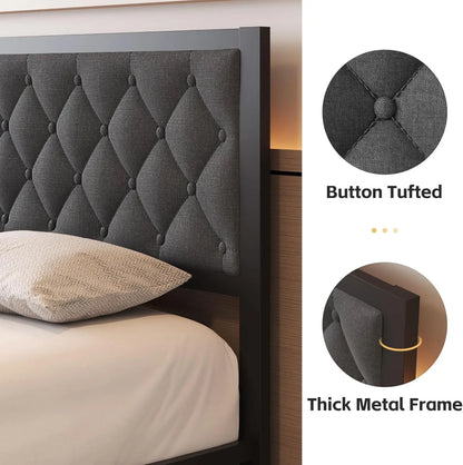 Queen Bed Frame with Headboard Linien Upholstered Bed Frame Platform,All Metal Slats Support Platform Bed Frame