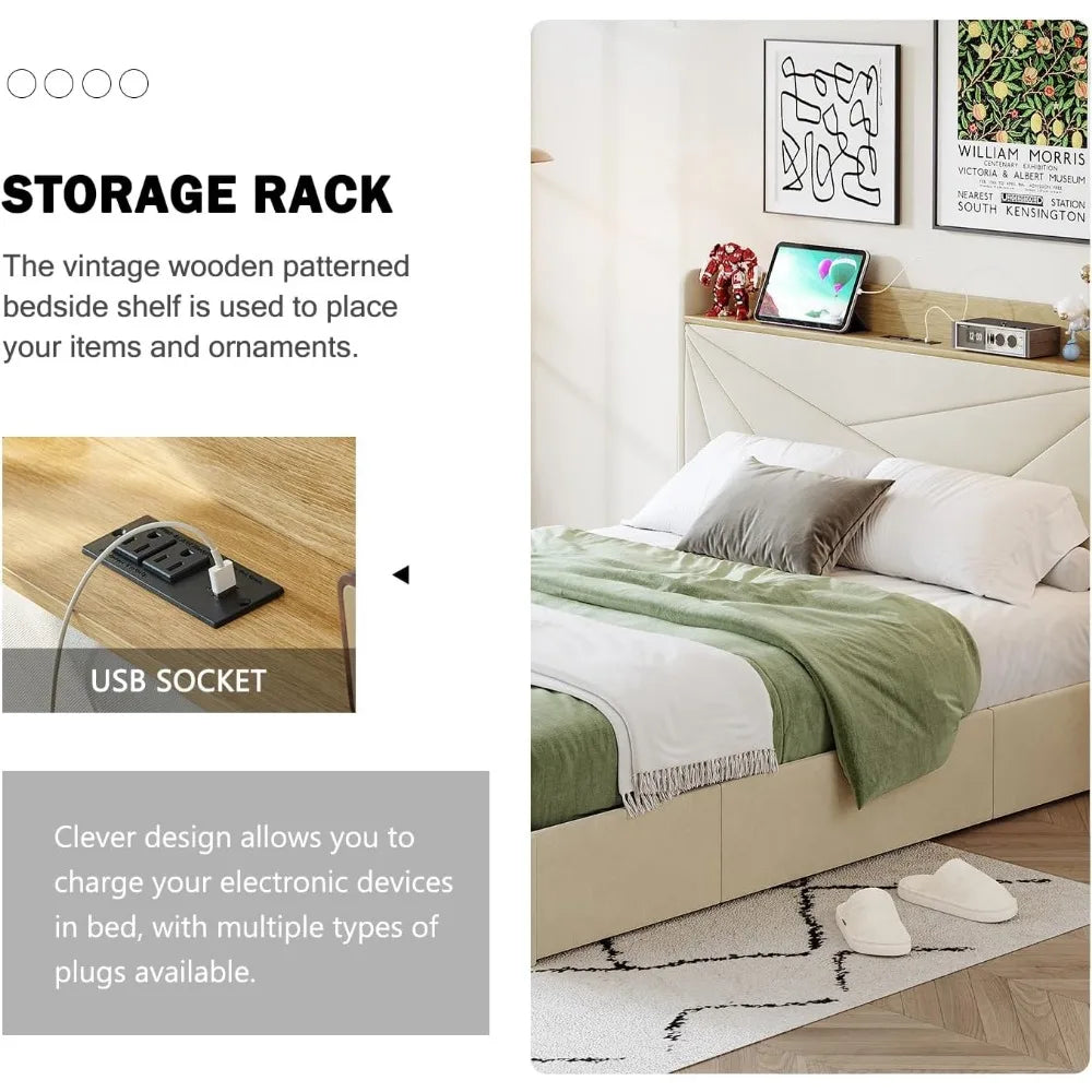 Queen Bed Frame with 3 Drawers, Upholstered Bed Frame Queen with Storage Headboard, AC USB & Type C Charge Station,Wooden Suppor