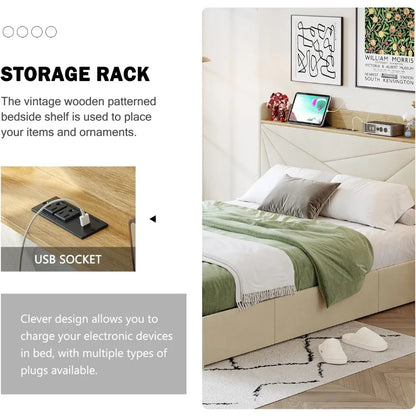 Queen Bed Frame with 3 Drawers, Upholstered Bed Frame Queen with Storage Headboard, AC USB & Type C Charge Station,Wooden Suppor