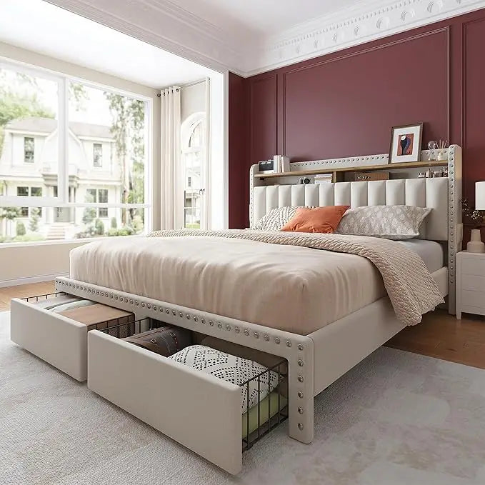 Queen Size Bed Frame, Upholstered Queen Bed Frame with 2 Storage Drawers and 2-Tier Headboard, Vertical Tufted Headboard