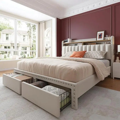 Queen Size Bed Frame, Upholstered Queen Bed Frame with 2 Storage Drawers and 2-Tier Headboard, Vertical Tufted Headboard
