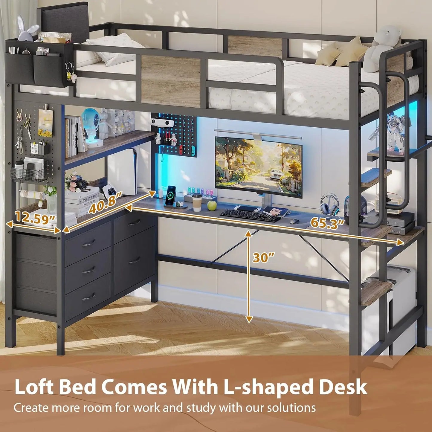 Twin Loft Bed with Desk and 5 Storage Drawers,Loft Bed Twin Size with LED Lights and Charging Station, Metal Bunk Bed Frame with