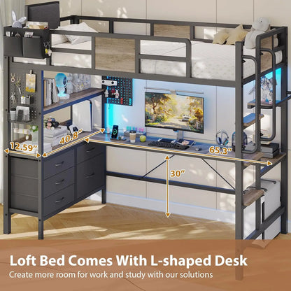 Twin Loft Bed with Desk and 5 Storage Drawers,Loft Bed Twin Size with LED Lights and Charging Station, Metal Bunk Bed Frame with