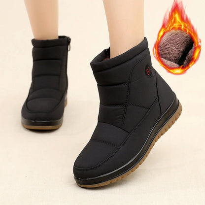 Women's Fleece-Lined Winter Boots with Slip-Resistant PU Sole Chunky Heel & Zipper Closure - Black Round Toe Casual Shoes for Co