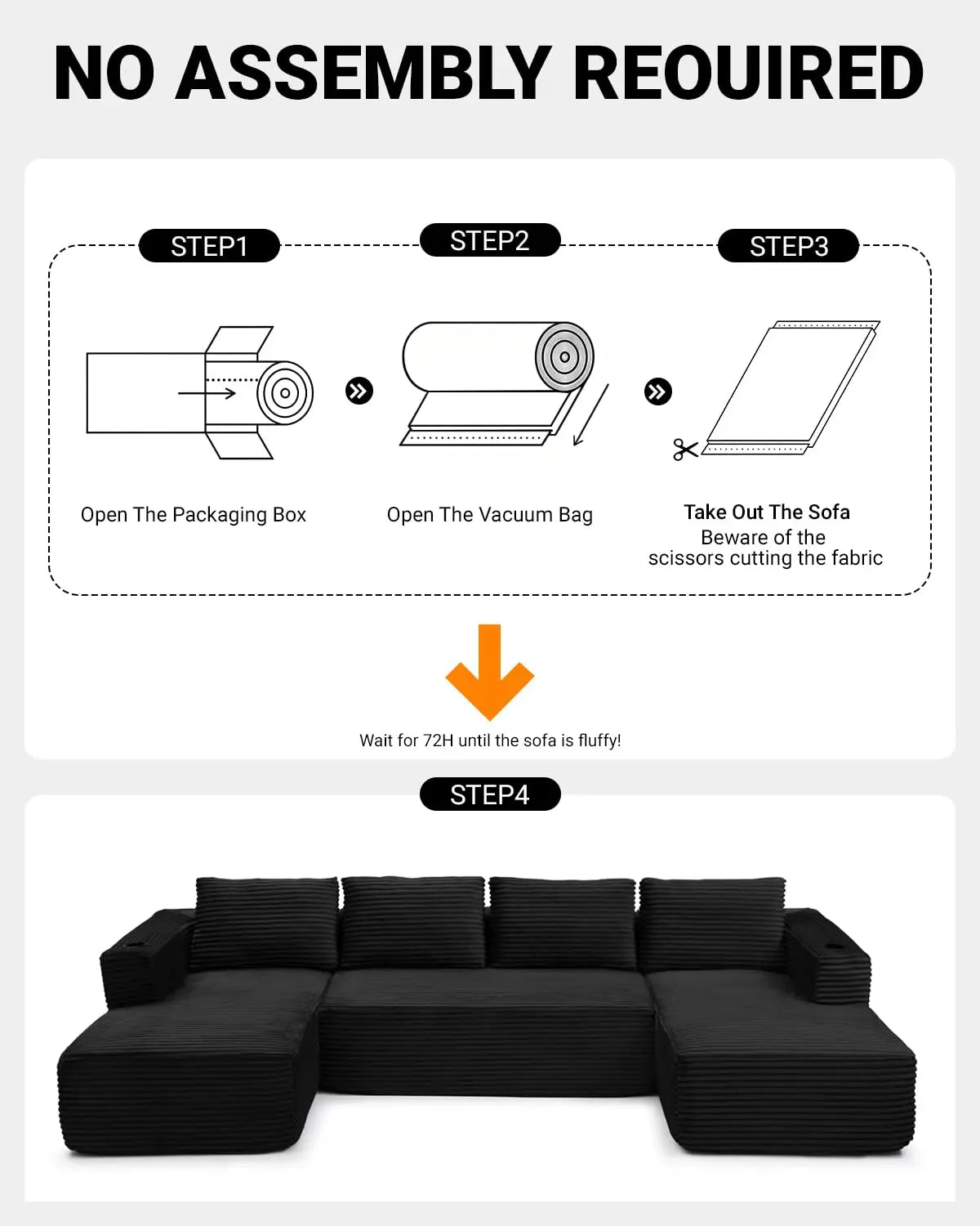 132" Modular Sectional Sleeper Sofa, Boneless Cloud Couch for Living Room, U Shaped 5 Seat Sofa with 2 Cup Holders,, Customized