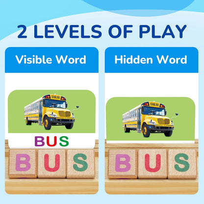 Spelling Games with Flash Cards, Montessori Toys for Kids Wooden Matching Letters Games, CVC Word Educational Learning Toys Gift