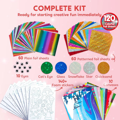 JOYFY Foil Art Kit Arts & Crafts Supplies Mess Free Coloring Foil Foam Stickers Creative Travel Toys for Kid Birthday Gifts