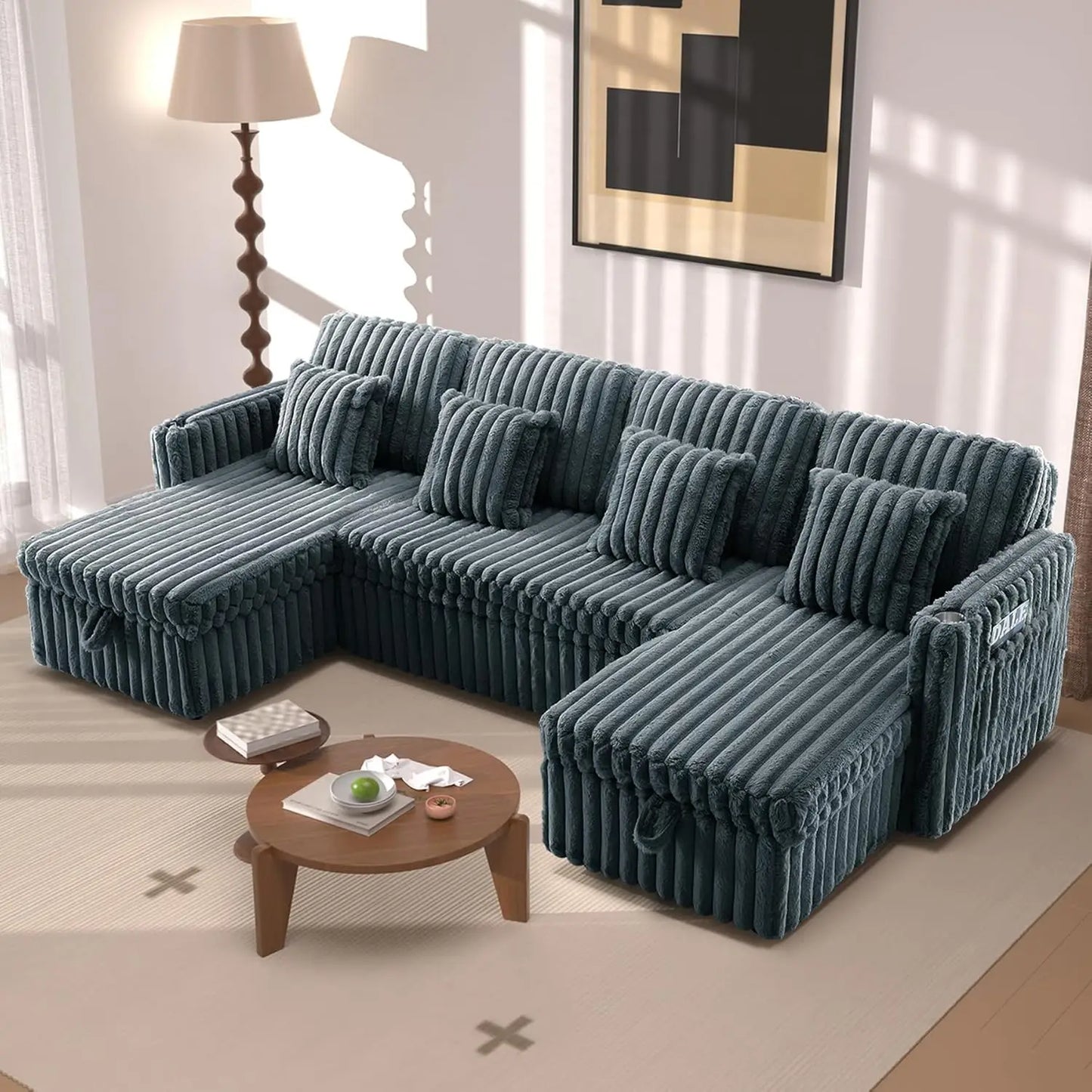 107" Sectional Sleeper Sofa with Pull Out Bed, Comfy Fluffy Plush Corduroy Cloud Sectional Couches for Living Room, Customized