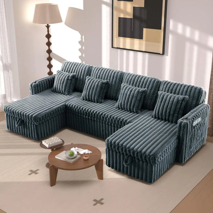 107" Sectional Sleeper Sofa with Pull Out Bed, Comfy Fluffy Plush Corduroy Cloud Sectional Couches for Living Room, Customized