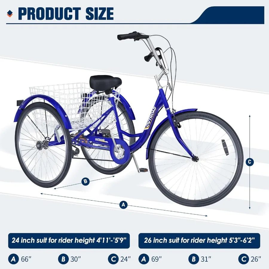 24 26 Inch 1 7Speed Adult Tricycle with Basket 3 Wheel Adult Tricycle Cruise Bike for Women Men Seniors