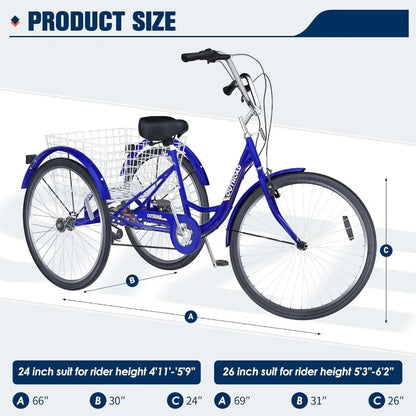 24 26 Inch 1 7Speed Adult Tricycle with Basket 3 Wheel Adult Tricycle Cruise Bike for Women Men Seniors