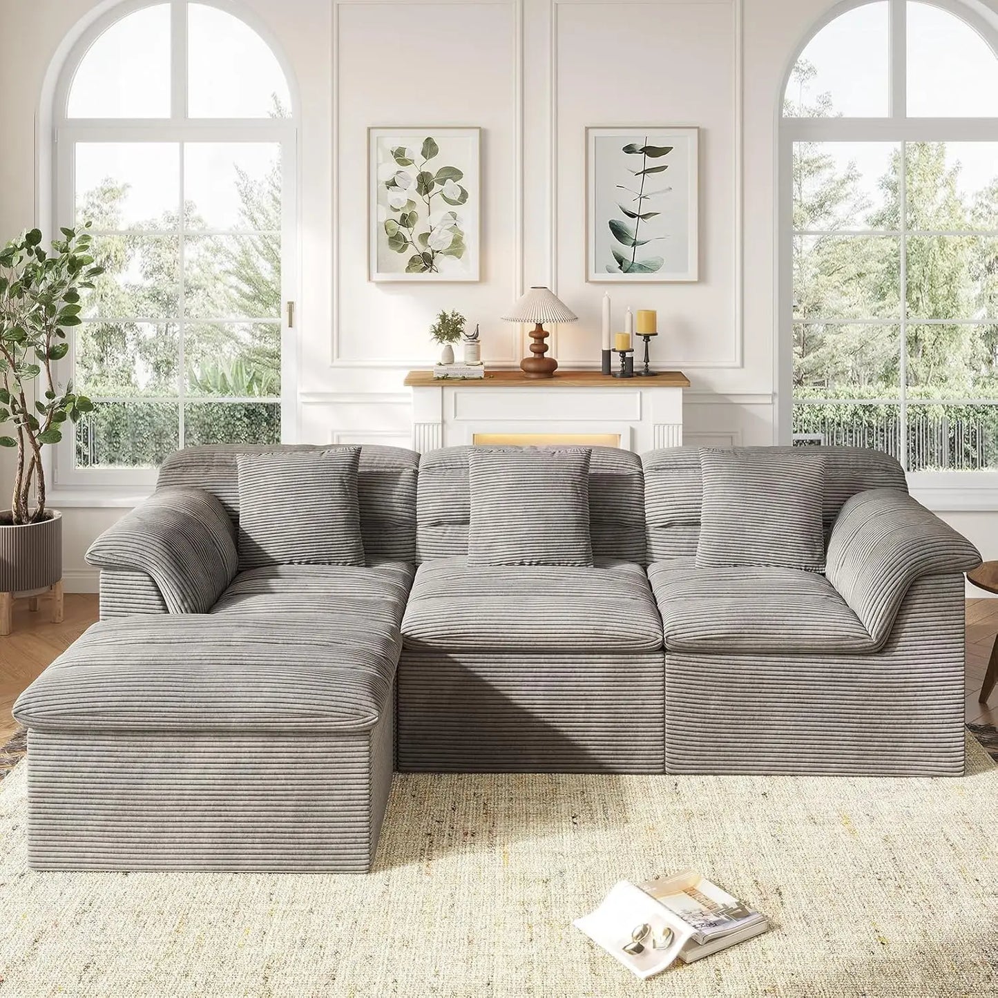 112" Modular Cloud Sectional Couch with Ottoman, Modern Upholstered Compressed Sofa with Deep Seat, Comfy L-Shape,Customized