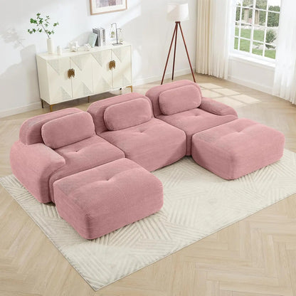 116" Modern Corduroy Cloud Sofa with Ottoman, U Shaped Boneless Modular Large Sectional Couches for Living Room, Green 3 Seater