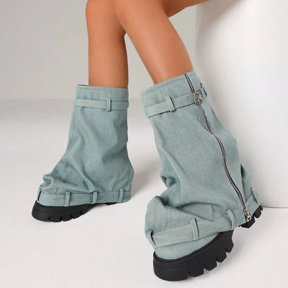 Women'S Y2K Slouchy Fold Over Shark Boots Fashion Punk Side Zipper Platform Chunky Heels Pull On Casual Party Boots Woman