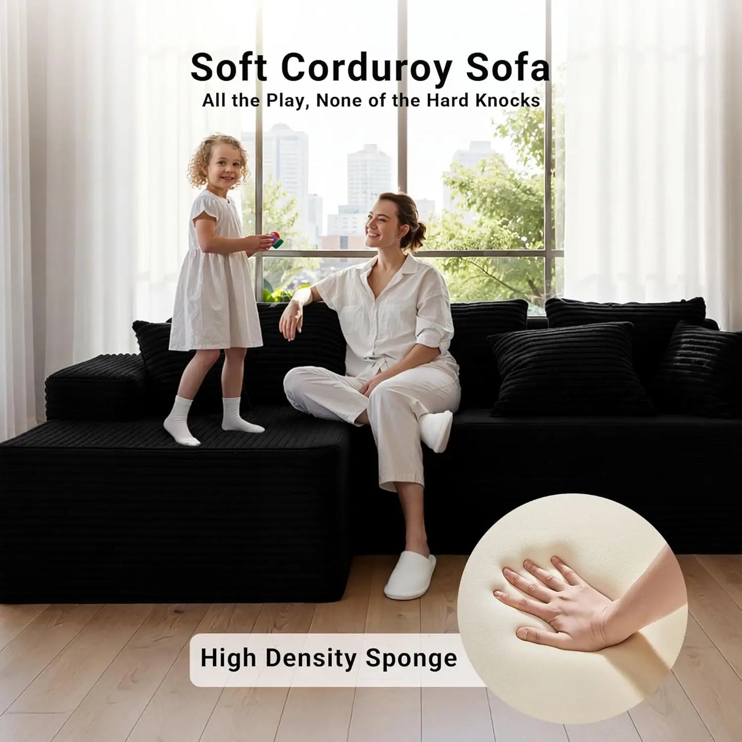 95" Boneless Couch, Cloud Couch Sectional, L-Shape Corduroy Modular Sectional Sofa Deep Seat, Upholstered Couches, Customized
