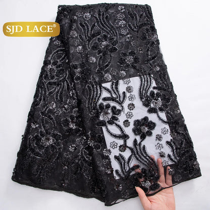 SJD LACE French Mesh Lace Fabric with Beads 2025 High Quality Nigerian African Net Tulle Lace for Sewing Women Wedding Dress4319