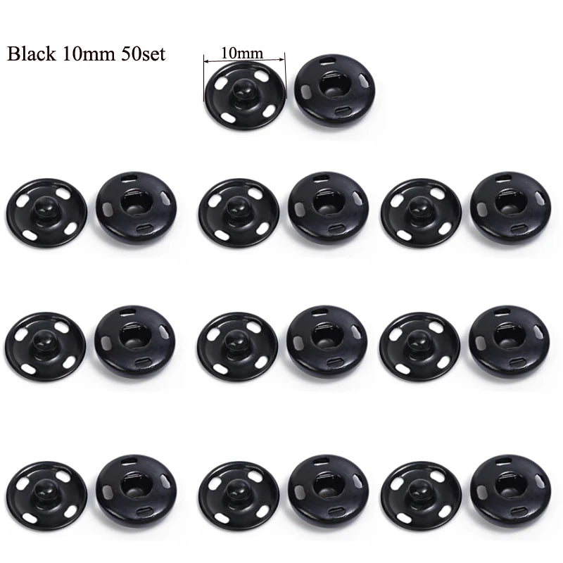 10/50Set 10-21mm Metal Sew-on Snap Buttons Black Silver Color DIY Sewing Clothing Snap Fastener Buttons Craft Press Studs Button