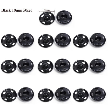 10/50Set 10-21mm Metal Sew-on Snap Buttons Black Silver Color DIY Sewing Clothing Snap Fastener Buttons Craft Press Studs Button