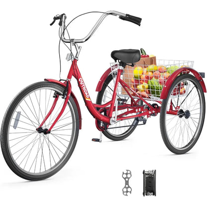 1/7-Speed Adult Tricycle 24/26-Inch 3-Wheel Cruise Bicycle with Basket for Seniors Stable and Reliable 3-Wheel Bike for Shoppin