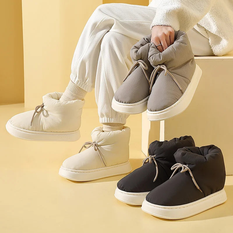 Winter Warm Thick Furry Women Ankle Boots Indoor Lace-up Plush Slippers Ladies Men Home Cotton Shoes