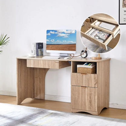 Modern Oak Computer Desk 55 Inch with Keyboard Tray And Power Outlets 2-in-1 Main Drawer with Adjustable File Drawer,Customized