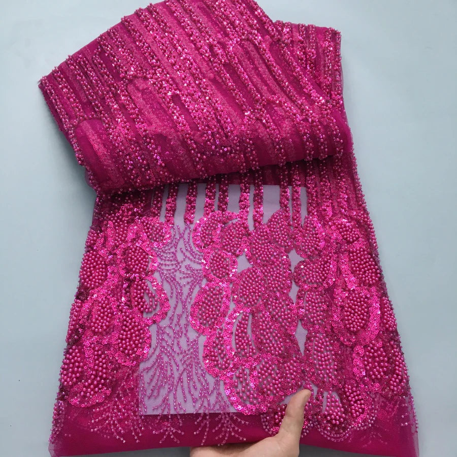 African Beads Lace Fabric 2025 High Quality 5 Yards Nigerian Sequins Beads Lace Fabric French Laces Fabrics For Party Dress Sew