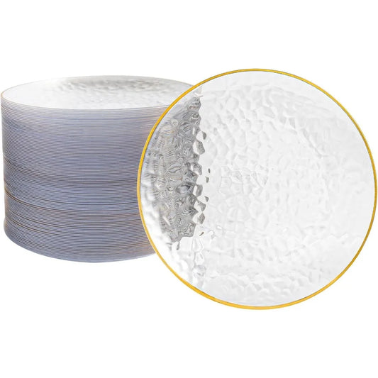 100Pcs Clear Gold Plastic Plates 7 Inch Hammered Disposable Heavy Duty Dessert Plates with Gold Rim Round Salad Plates for Wedd